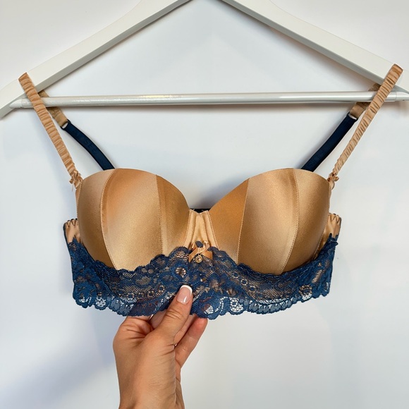 ALISEE Silk Lace Bra in Gold and Navy - Size 32B - Picture 1 of 3